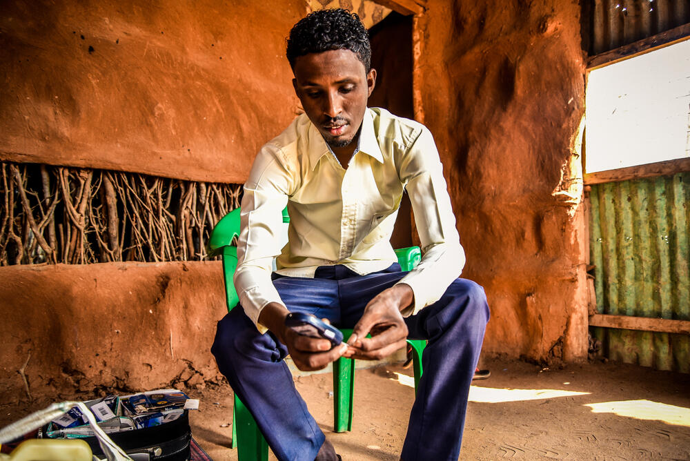 Mohamed Hussein Bule, 27, lives with Type 1 diabetes. He is a refugee and teaches in one of the schools in Dagahaley.