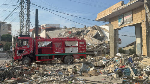 A destroyed fire engine hit by an Israeli strike in Ain Baal