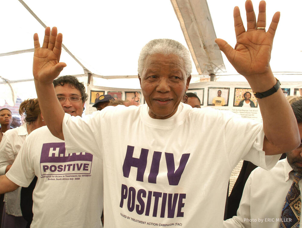Cape Town, 12 December 2002. Former South African president Nelson Mandela sports an activist T-shirt after visiting MSF’s clinic in Khayelitsha. “We have created the impression that we don’t care about the young people who are sick and dying,” he said. “This is a war. It means that all of us should stand on our feet and mobilise the community." 