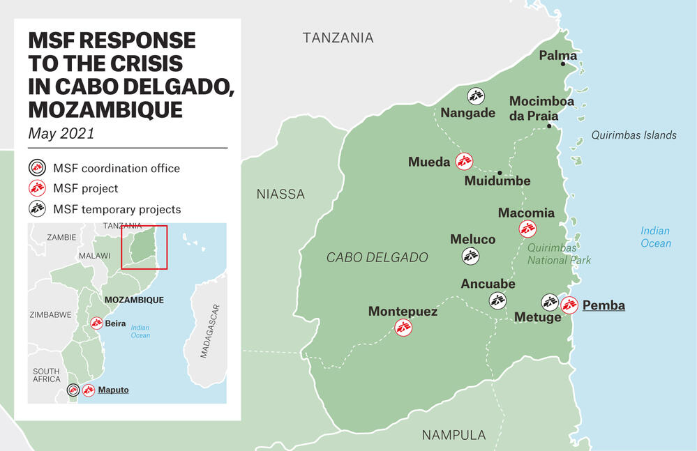 Map detailing the MSF response to the crisis in different localities of Cabo Delgado