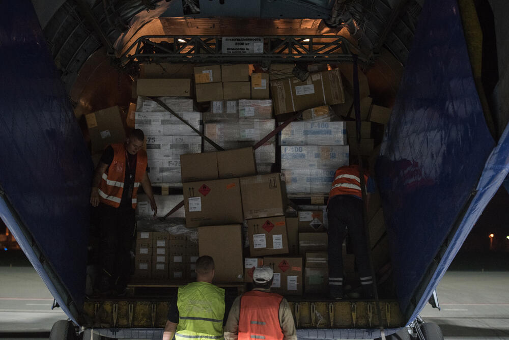 Medical supplies being loaded onto an aeroplane at Maastricht Airport in the Netherlands