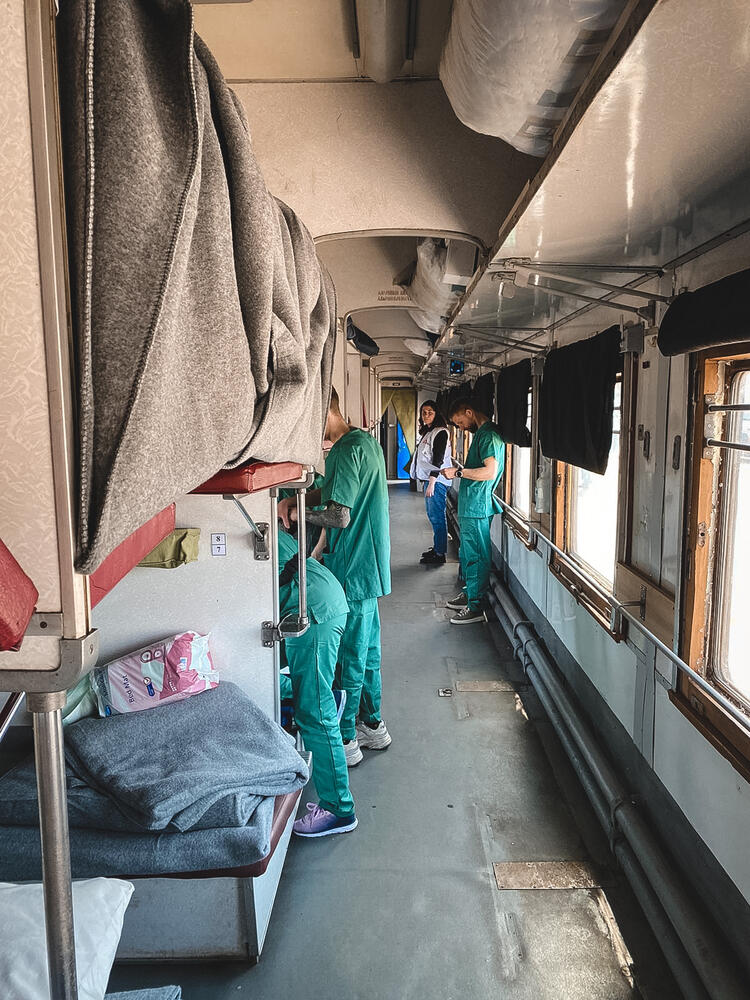 Part of the MSF team working inside the two-carriage medical train