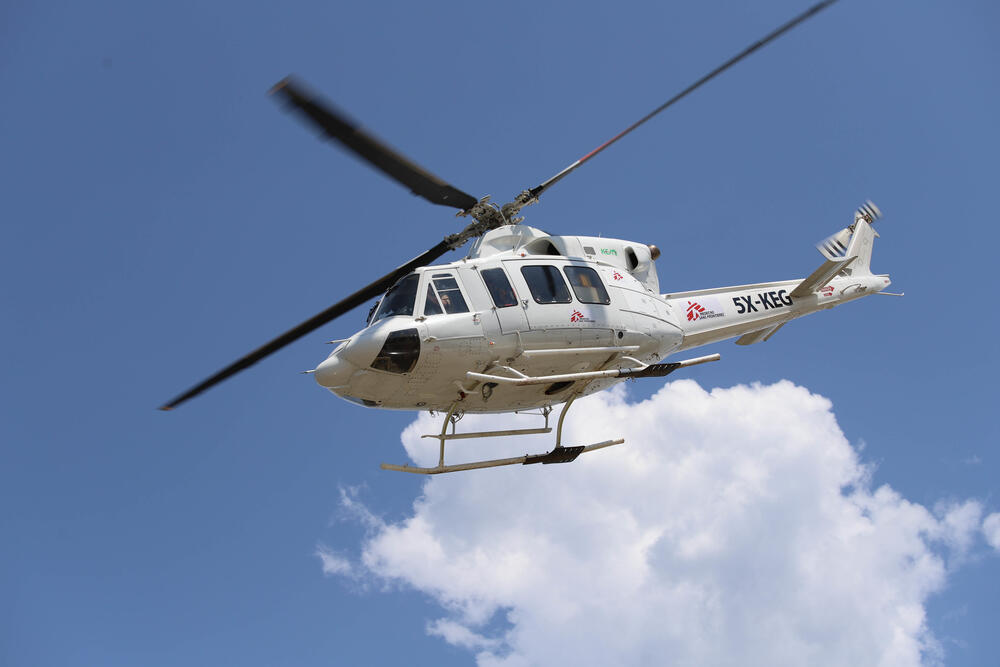 An MSF helicopter lands to provide assistance to flooding victims in Pibor, in the Greater Upper Nile region of South Sudan.