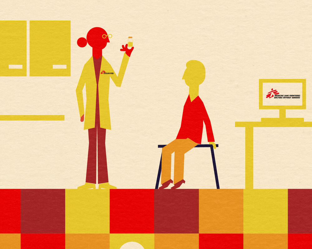 An illustration of an MSF medic providing a consultation to a diabetes patient