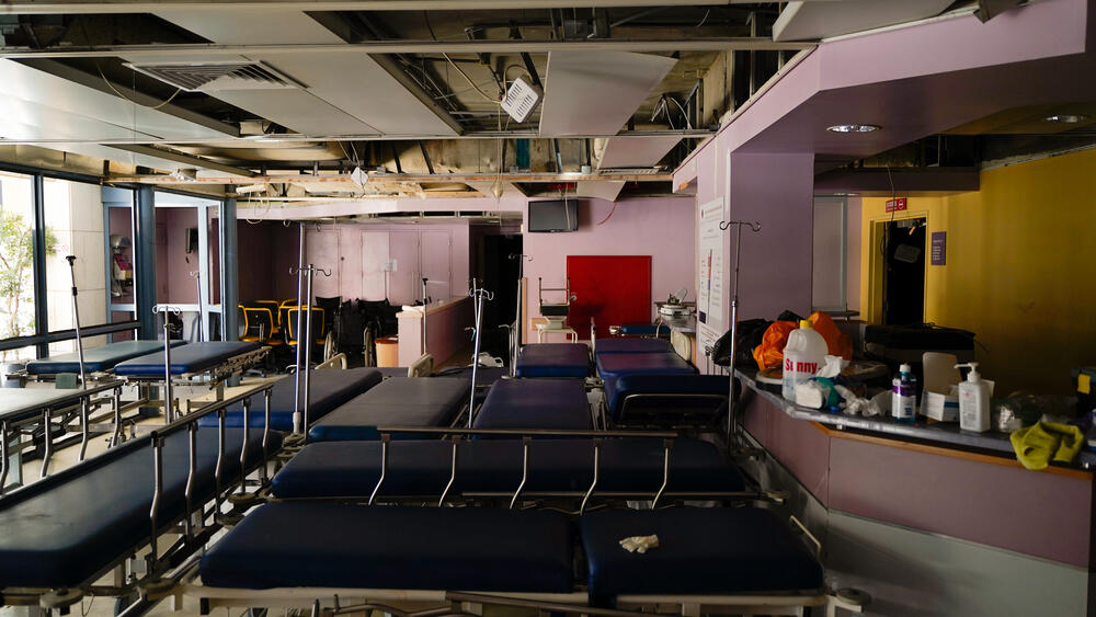 Damaged emergency department of Saint George Hospital University Medical Center in Beirut. The hospital was severely damaged by the explosion which led to the deaths and injuries of medical staff, patients and visitors.