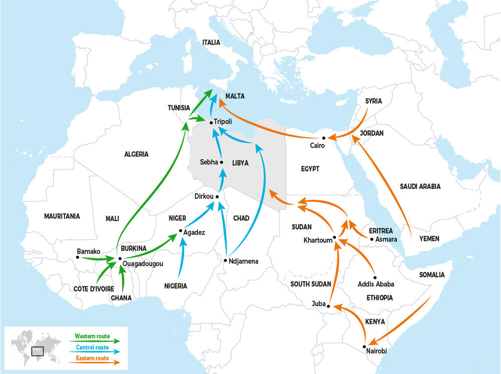 A map of migration routes from the Middle East and sub-Saharan Africa to Europe. 