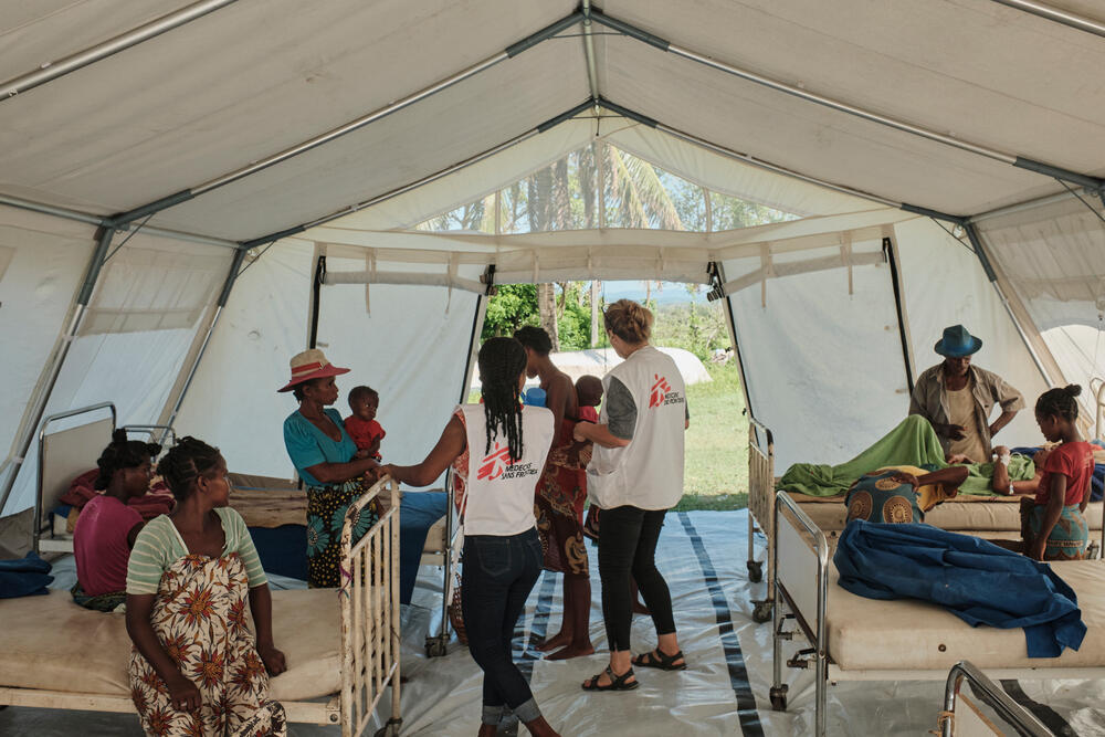 A temporary ward set up by MSF at a hospital in Nosy Varika that was partially destroyed by the cyclones