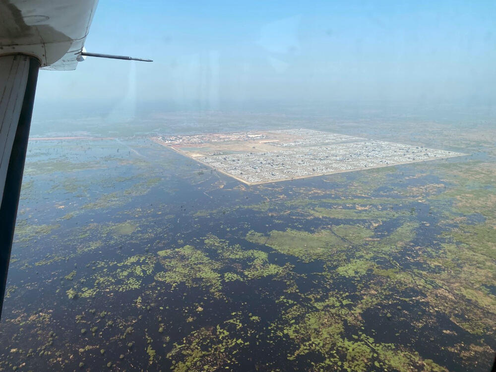 An aerial view showing Bentiu camp surrounded by flood waters
