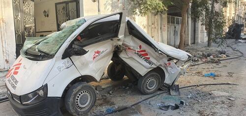 On 20 November, five MSF vehicles parked in front of our clinic in Gaza city were destroyed by the intervention of the Israeli forces. The clinic was also damaged as a result and part of the building was engulfed by fire for a few hours. The cars and the clinic were clearly identified with the MSF logo. This happened while 21 people, including an MSF staff and his family members, were sheltered in the clinic and more than 50 others were in the guesthouse across the street: luckily, they survived unscathed. The cars that were destroyed were the ones used in the aborted evacuation of our staff and their relatives on 18 November, resulting in the killing of two people. Some of the staff sheltering in the MSF premises that day were witnesses to the incident.