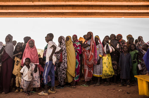 Scene of Sudanese women and children standing in a line waiting to register with Chadian authorites