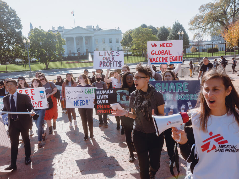 A demonstration outside the White House in Washington DC, calling for the Biden administration to ensure global vaccine equality
