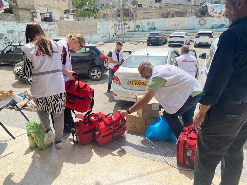 MSF staff deliver emergency medical supplies to the Jenin refugee camp (photo taken 6 June 2023)