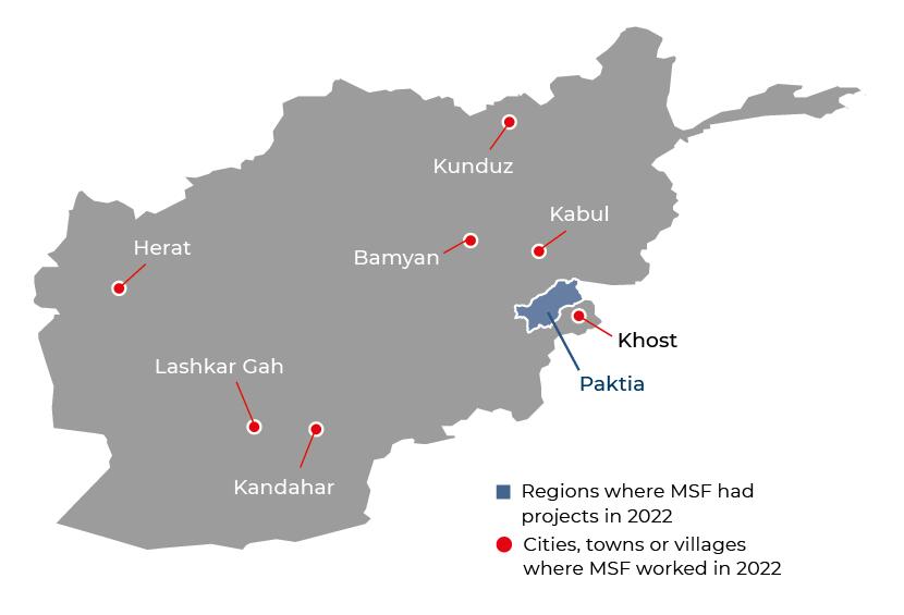 Map of MSF activities in Afghanistan in 2022