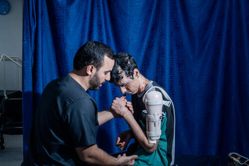 Karam, 17, from Nuseirat Camp in central Gaza, during a physiotherapy session at MSF's Reconstructive Surgery Hospital in Amman, Karam, 17, from Nuseirat Camp in central Gaza, during a physiotherapy session at MSF's Reconstructive Surgery Hospital in Amman.