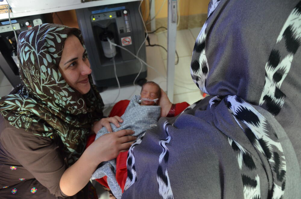 A newborn receiving neonatal care at MSF's Khost maternity hospital