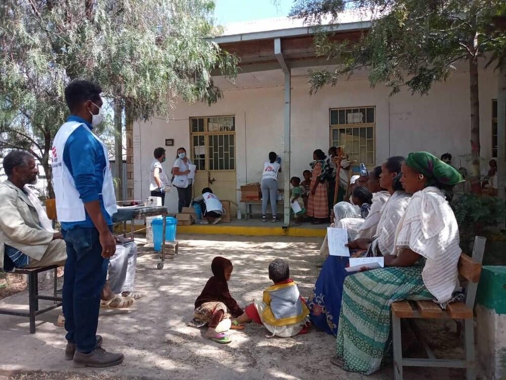 A group of patients wait for consultations at the MSF mobile clinic in Megab