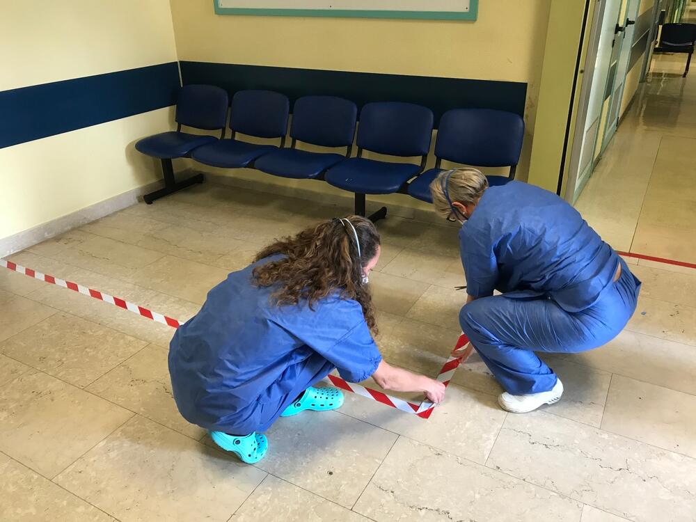 A safety zone is established in the waiting room of the radiology service at Codogno Hospital, where Italy's first COVID-19 case was recorded.