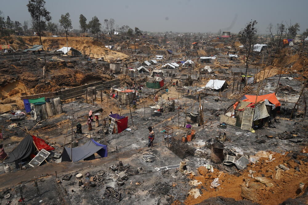 A fire destroyed thousands of shelters in several of the camps for Rohingya refugees in Cox's Bazar on 22 March 2021. 