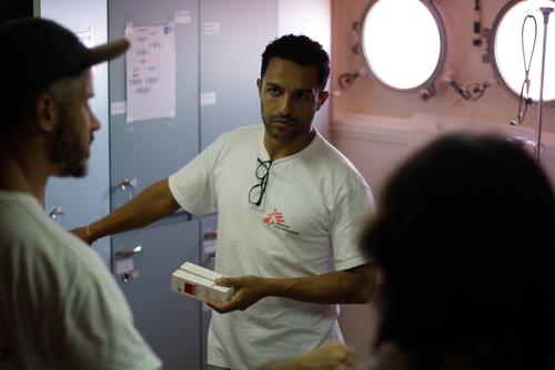 Dr Javid Abdelmoneim in the clinic of MV Aquarius during a rescue.