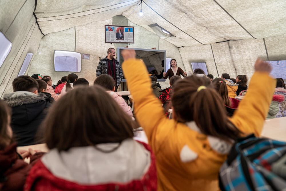 MSF-supported mental health staff conduct a psychosocial activity for children in Arguvan, Türkiye