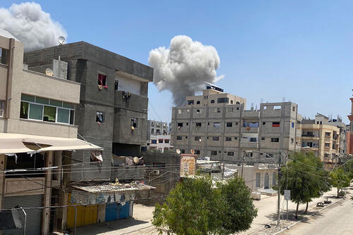 An image of Al-Nuseirat refugee camp in the Middle Area of Gaza during Israel bombardments on Saturday 8 June 2024. The deadly I