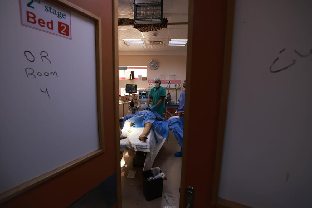 A patient is prepared for foot surgery at Al-Aqsa hospital, 29 November 2023.