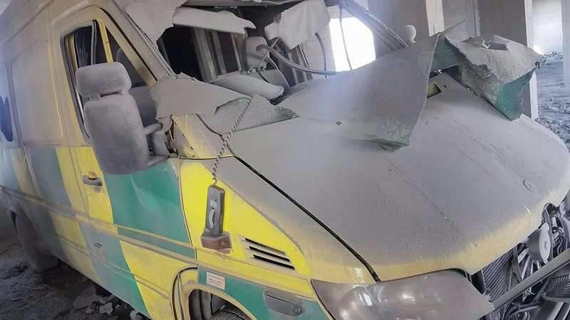 September 2017: An ambulance damaged in a missile attack on Hama Central Hospital in southern Idlib