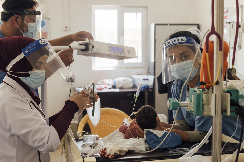 A paediatric team providing neonatal care at Nablus Hospital