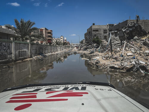 The streets around Nasser Hospital, flooded with sewage and seriously damaged after months of bombardment by Israeli forces