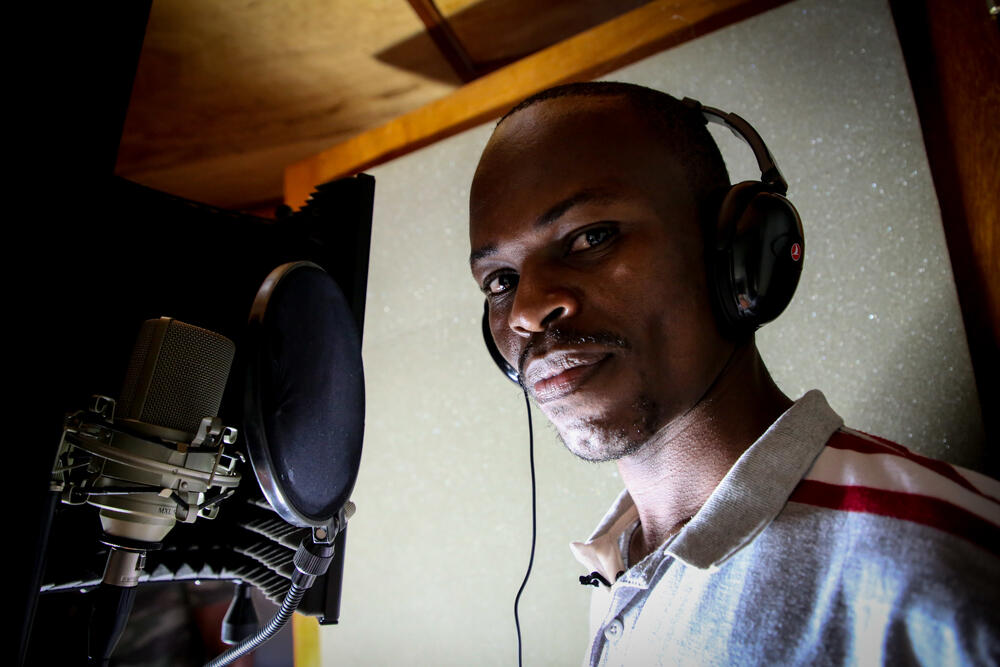 Vladis, an HIV activist, in the music studio in Kinshasa while recording Zwa Nga Bien.
