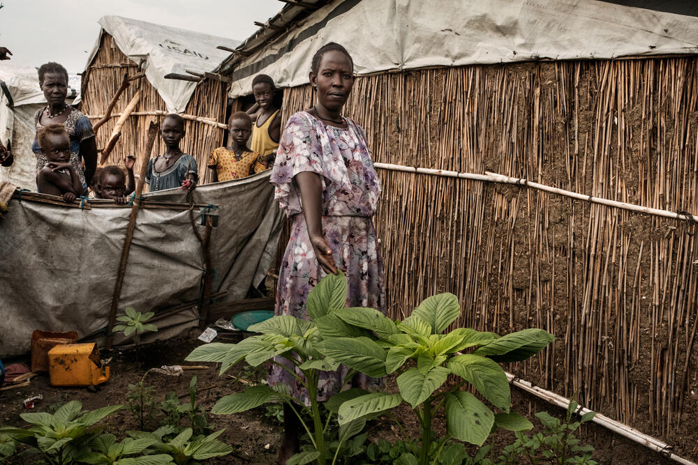 A woman tries to cultivate a small vegetable garden next to her shelter in the polluted soil of Bentiu camp. 