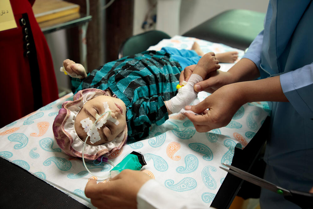 A child receiving treatment at MSF’s inpatient feeding centre at Herat Regional Hospital.