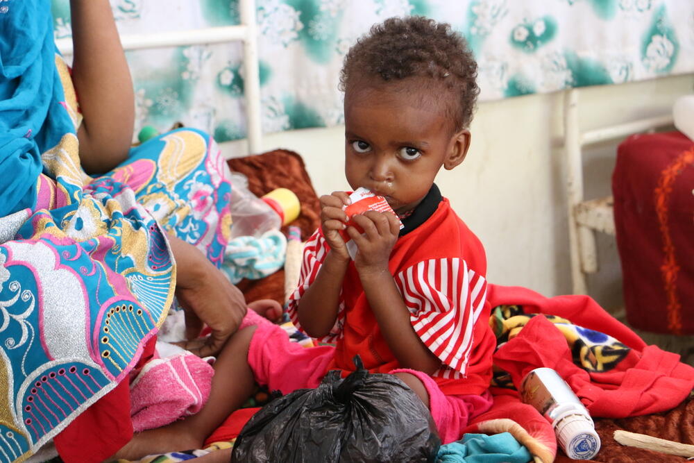 A child affected by severe malnutrition is treated in the therapeutic nutrition centre (CNT), in the MSF-supported Am Timan hospital.
