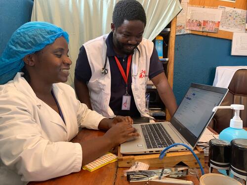 Charles, a telemedicine specialist, provides training to Nadine – part of the MSF team working in Masisi, Democratic Republic of