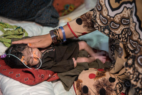 Two-month-old Qudratullah receives treatment for malnutrition in the feeding centre at Boost Hospital, Lashkar Gah