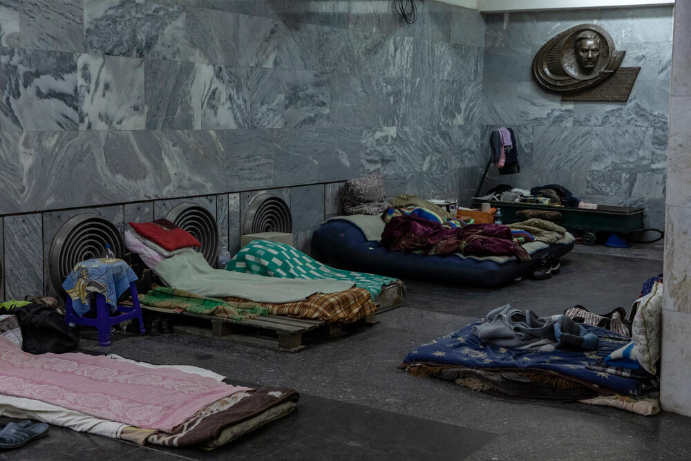 A makeshift sleeping area for people sheltering in a Kharkiv metro station