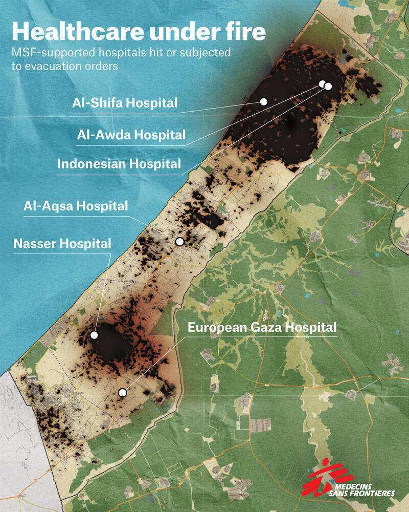 A map of Gaza showing hospitals where MSF teams have worked or given support after 100 days of siege