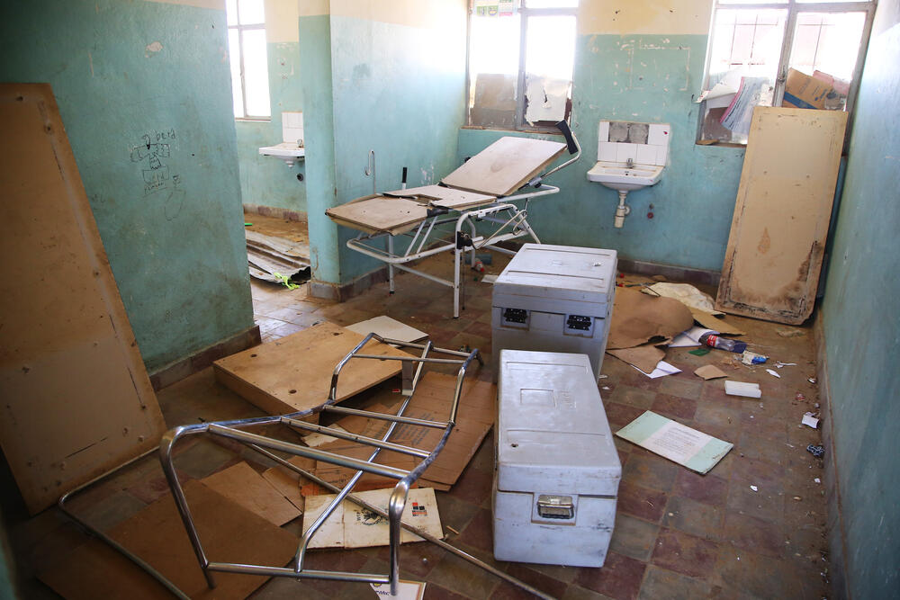 A damaged and looted room at the health post in Adiftaw