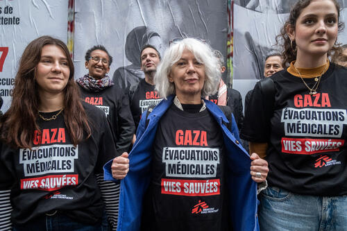 An MSF protest in Paris, demanding that France's government take more Palestinian patients
