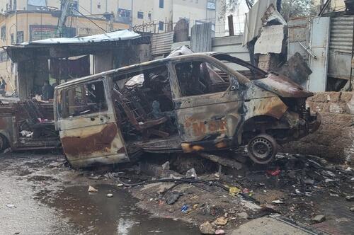 The remains of an MSF ambulance which was destroyed in December 2023 in Gaza City