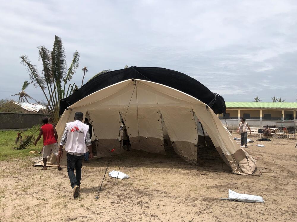 MSF teams setting up emergency tents outside the partially destroyed hospital in Mananjary