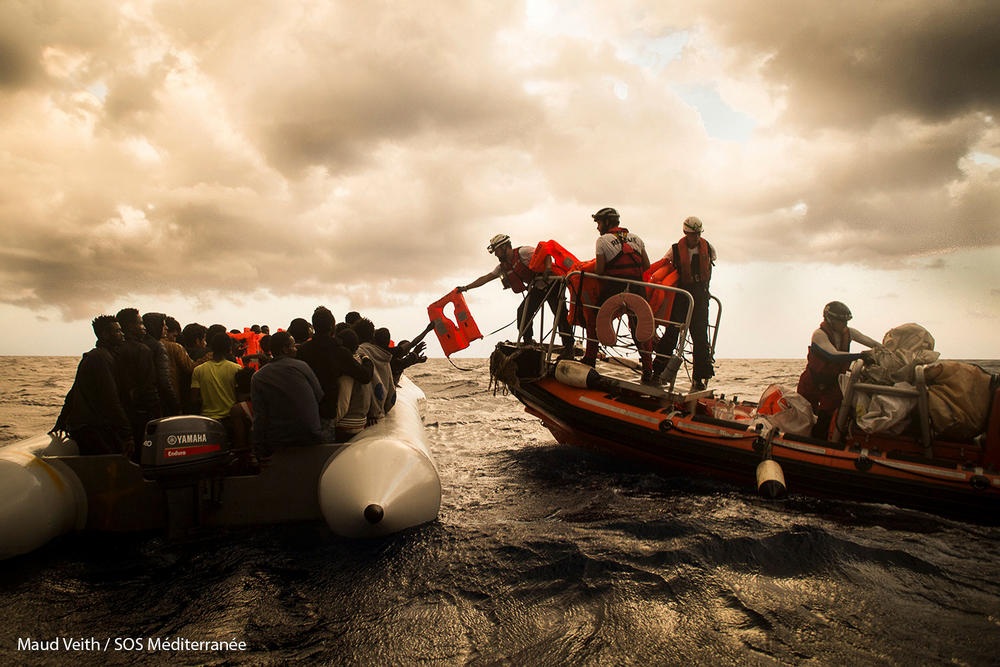 The MSF and SOS MEDITERRANEE take part in a rescue of multiple boats adrift at sea. More than 500 people are safely brought onboard Aquarius on 1 November 2017.