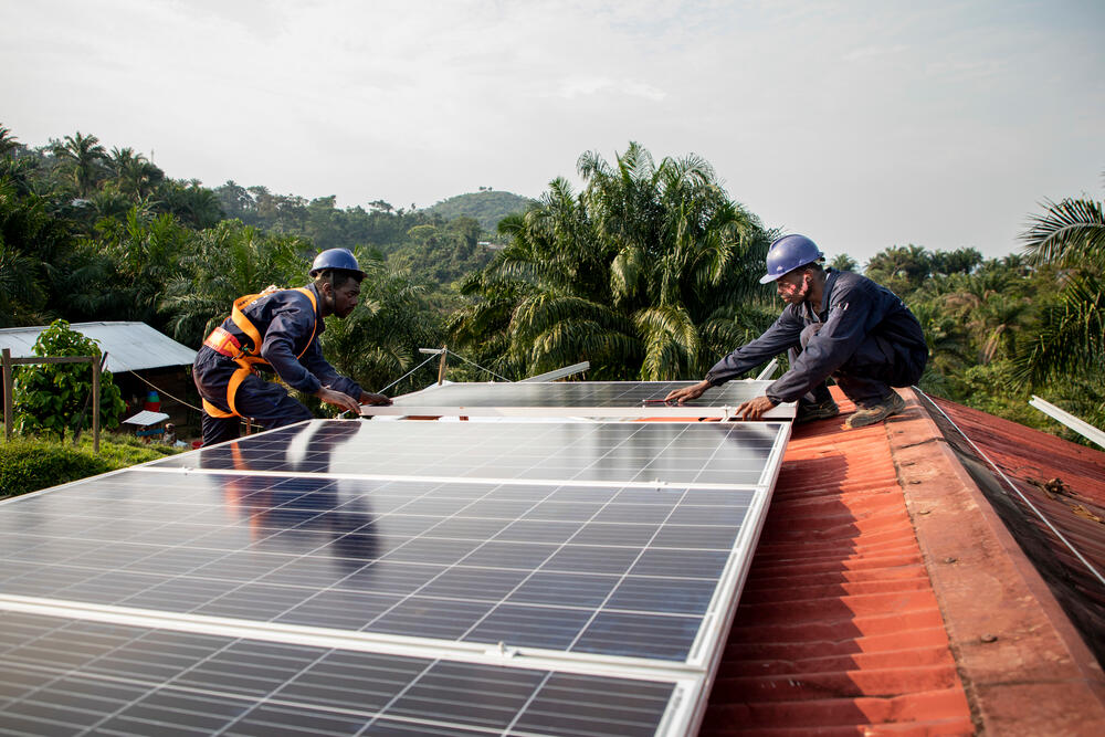 Solar panels are installed on the roof of the Kigulube Hospital in South Kivu, DRC