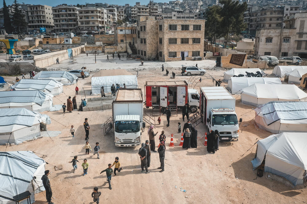 In Tal Ammar, northwest Syria, MSF teams hold a mobile clinic at a reception centre for families displaced by the earthquake