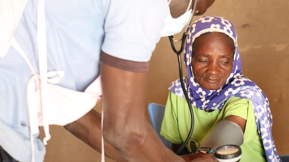 Mariam, who fled her hometown, receives a check-up at an MSF mobile clinic in Sirfou