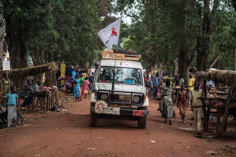 MSF Land Cruiser on the airport road in Bambari, Central African Republic