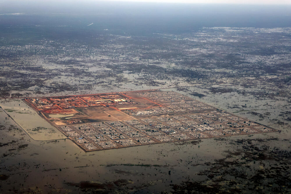 An aerial view of Bentiu camp, home to well over 100,000 people and at times completely surrounded by floodwater