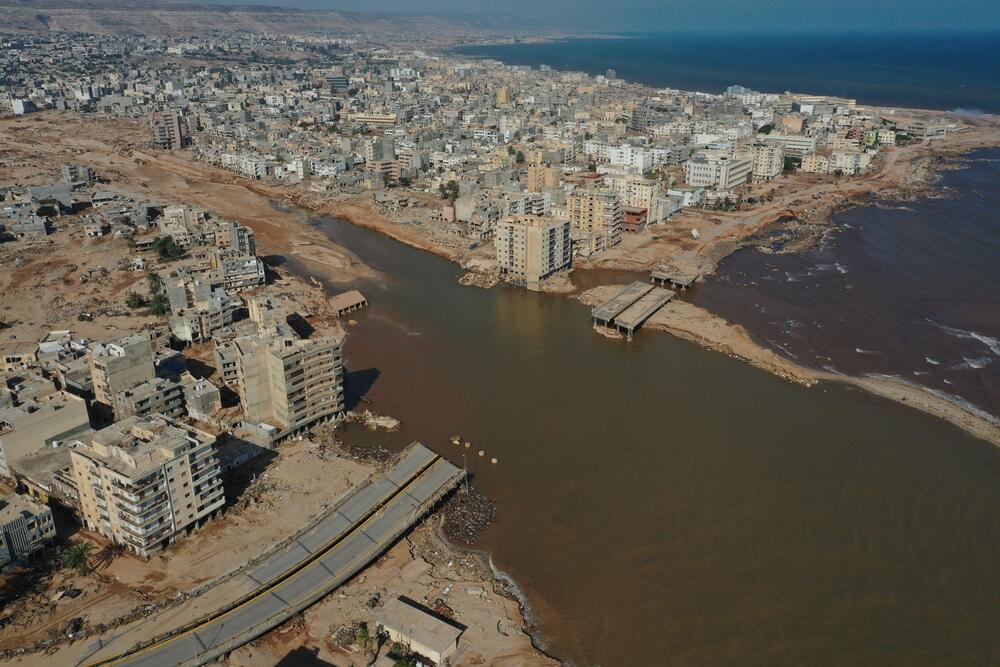 An aerial view of the city of Derna and the devastation caused by the floods