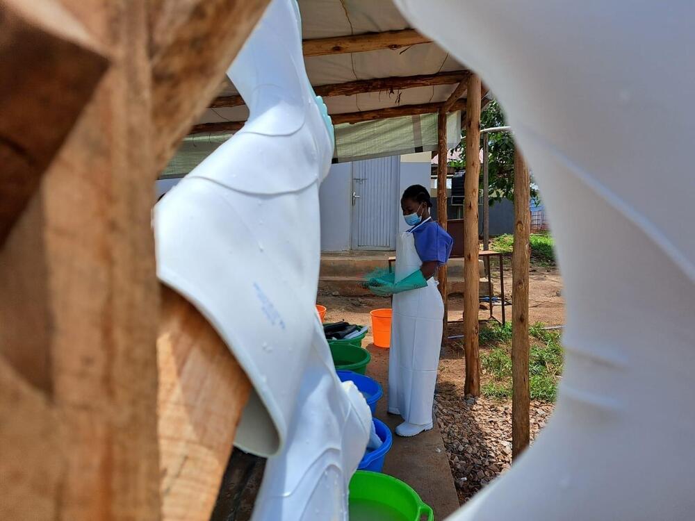 Medical staff setting up an Ebola treatment centre in Madud, where MSF is working with Uganda's Ministry of Health