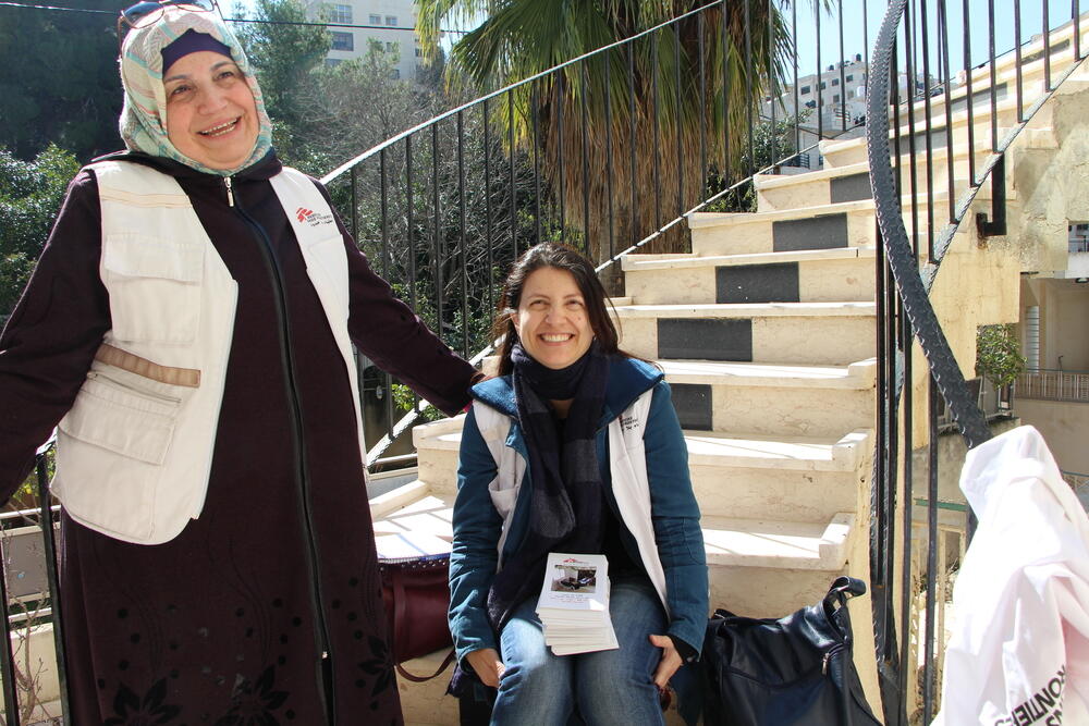 Psychologist Wissam and social worker Shurooq outside an MSF mental health clinic in Nablus, Palestine
